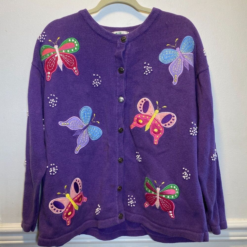 Y2K Whimsical Artsy Quacker Factory Butterfly Cardigan Purple Embroidered 1X